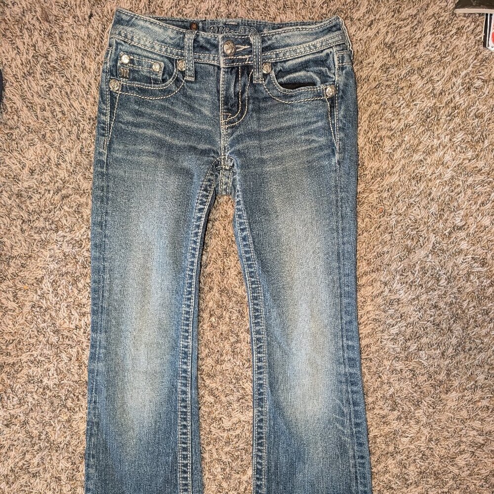 Miss Me Girls Blue Bootcut Jeans Size 10 Embroidered Pockets JK6129B Denim